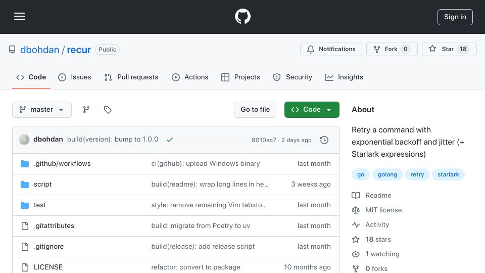 Screenshot of github.com: Show HN: Retry a command with exponential backoff and jitter (+ Starlark exprs)