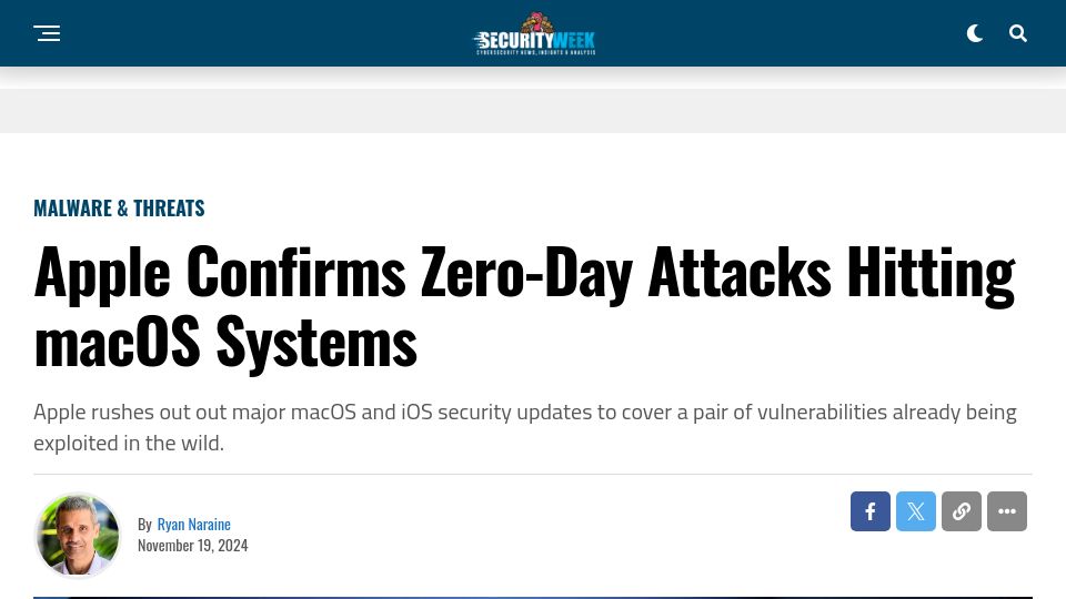 Screenshot of securityweek.com: Apple Confirms Zero-Day Attacks Hitting macOS Systems