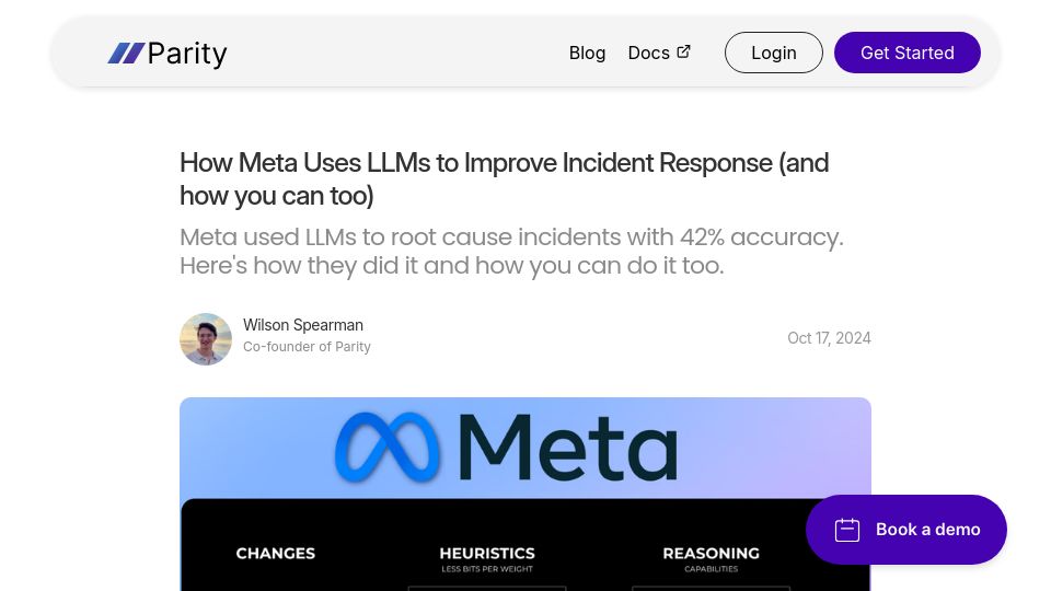 Screenshot of tryparity.com: Meta Uses LLMs to Improve Incident Response