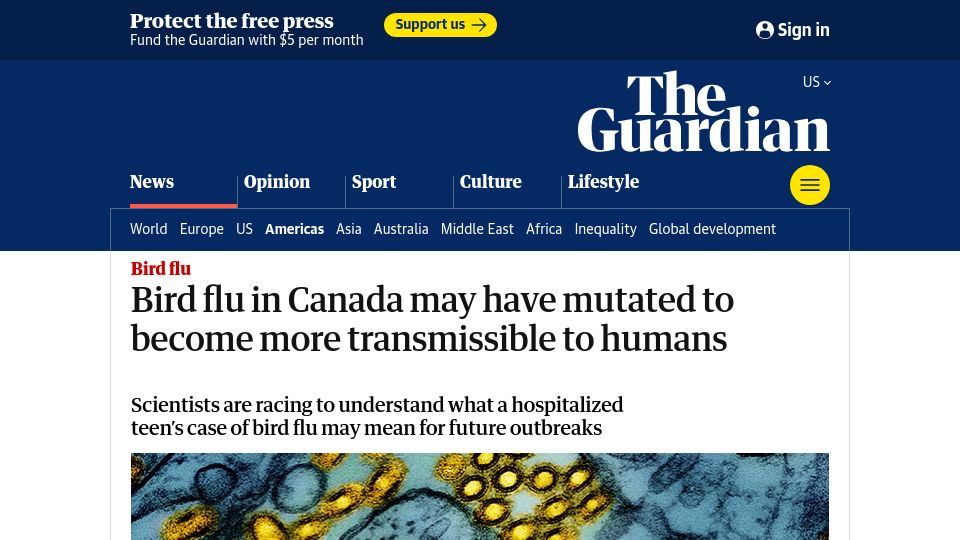 Screenshot of theguardian.com: Bird flu in Canada may have mutated to become more transmissible to humans