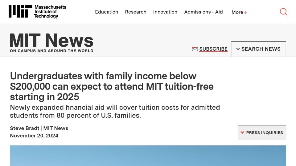 Screenshot of news.mit.edu: Undergraduates with family income below $200k will be tuition-free at MIT