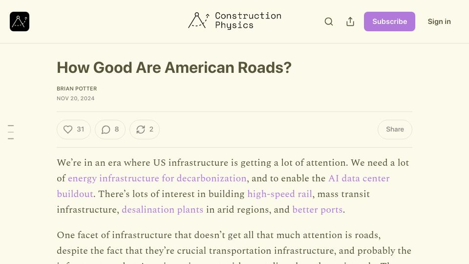 Screenshot of construction-physics.com: How good are American roads?