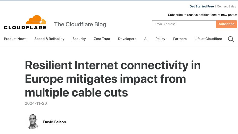 Screenshot of blog.cloudflare.com: Europe's Internet resilience mitigates impact of submarine cable cuts