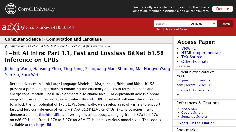 Screenshot of arxiv.org: 1-Bit AI Infrastructure