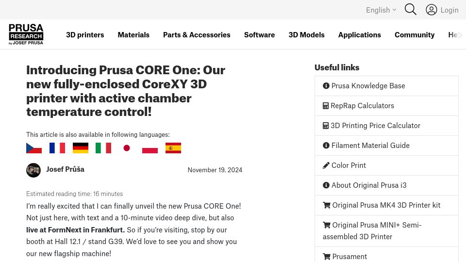 Screenshot of blog.prusa3d.com: Prusa CORE One: Our new fully-enclosed CoreXY 3D printer