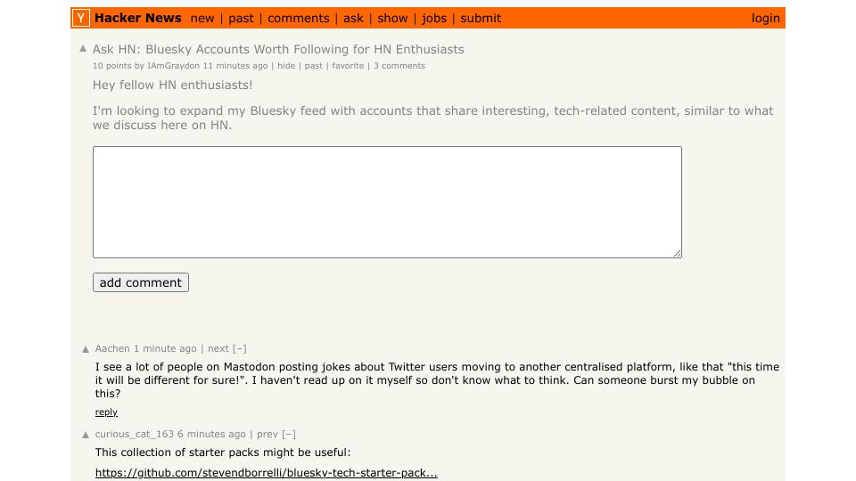 Screenshot of Hacker News post: Ask HN: Bluesky Accounts Worth Following for HN Enthusiasts