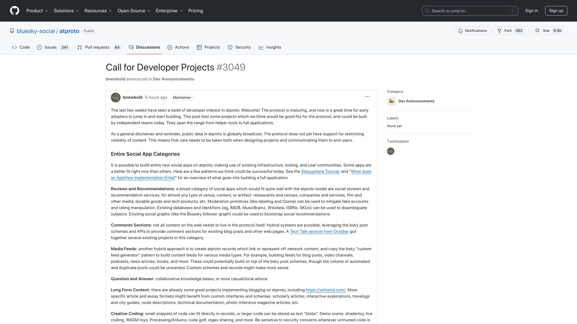 Screenshot of github.com: Call for Developer Projects