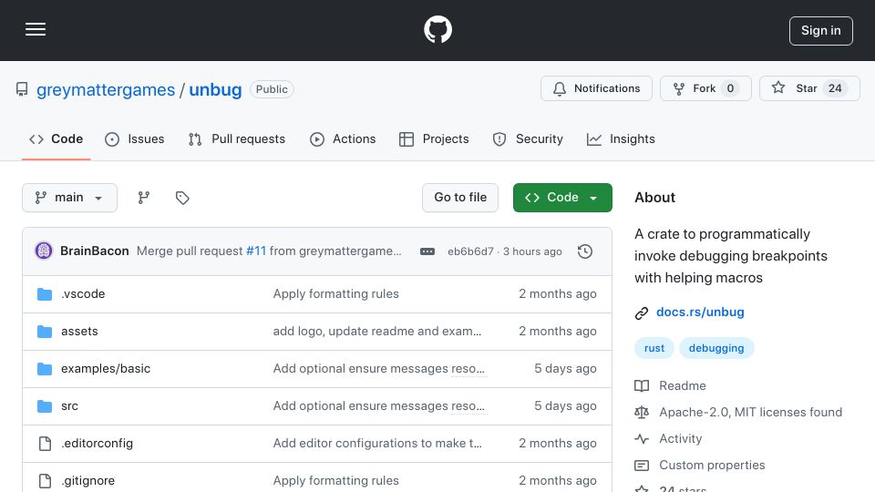 Screenshot of github.com: Show HN: Unbug – Rust macros for programmatically invoking breakpoints