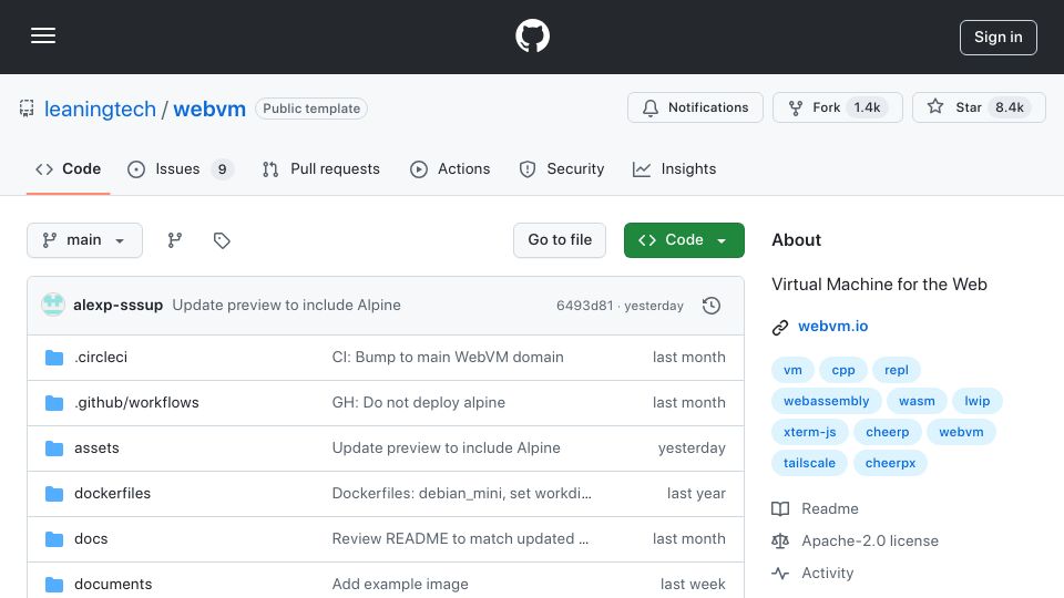 Screenshot of github.com: Webvm: Virtual Machine for the Web
