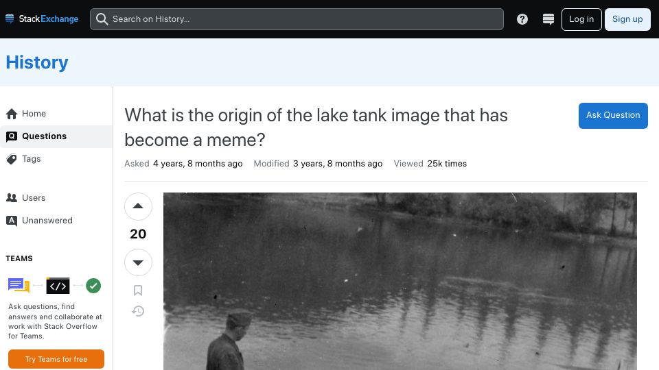 Screenshot of history.stackexchange.com: What is the origin of the lake tank image that has become a meme? (2021)