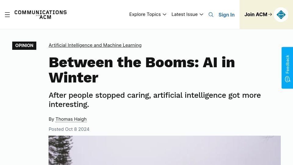 Screenshot of cacm.acm.org: Between the Booms: AI in Winter – Communications of the ACM