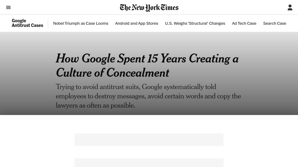 Screenshot of nytimes.com: How Google spent 15 years creating a culture of concealment