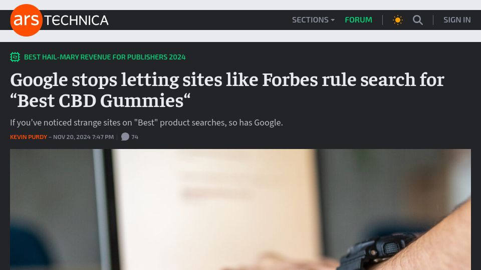 Screenshot of arstechnica.com: Google stops letting sites like Forbes rule search for "Best CBD Gummies"