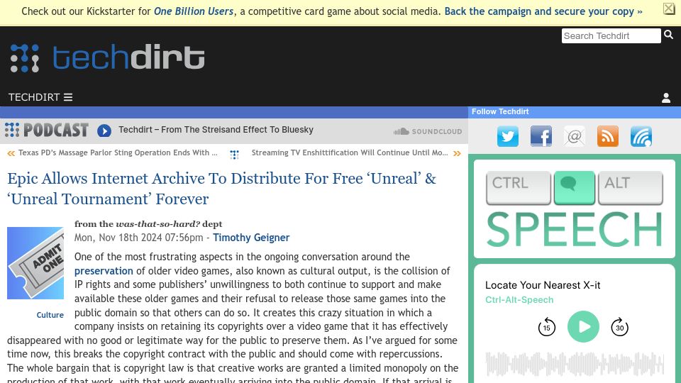 Screenshot of techdirt.com: Epic Allows Internet Archive to Distribute Unreal and Unreal Tournament Forever