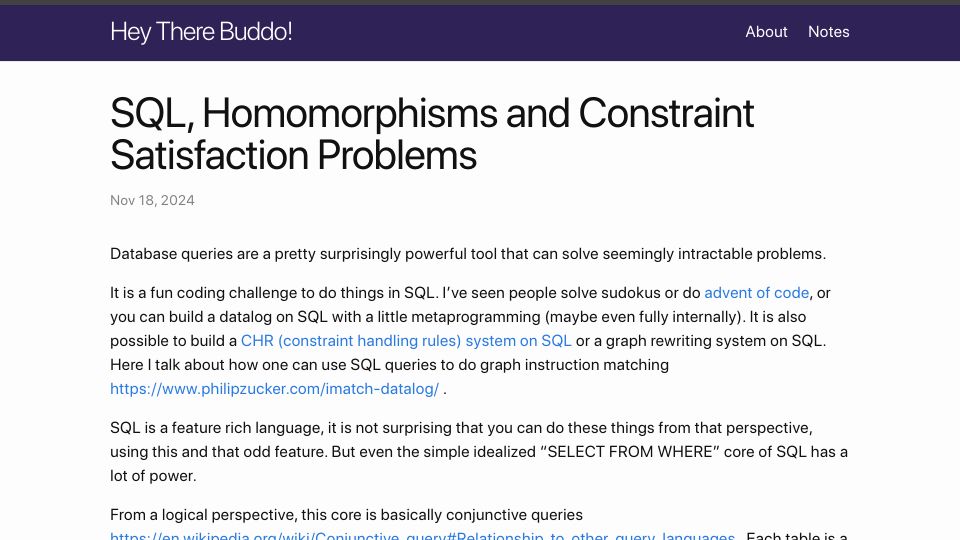 Screenshot of philipzucker.com: SQL, Homomorphisms and Constraint Satisfaction Problems