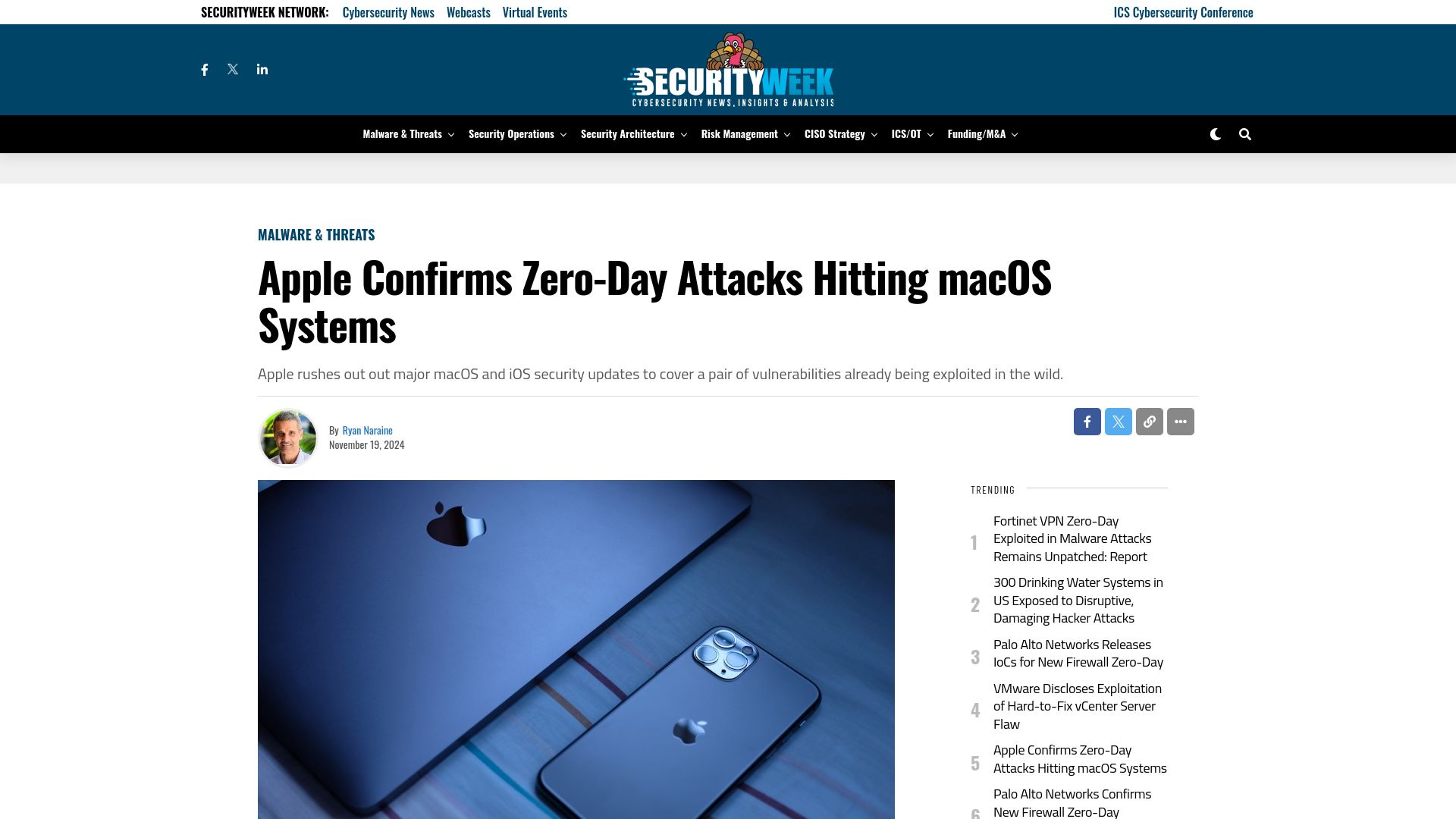 Screenshot of securityweek.com: Apple Confirms Zero-Day Attacks Hitting macOS Systems