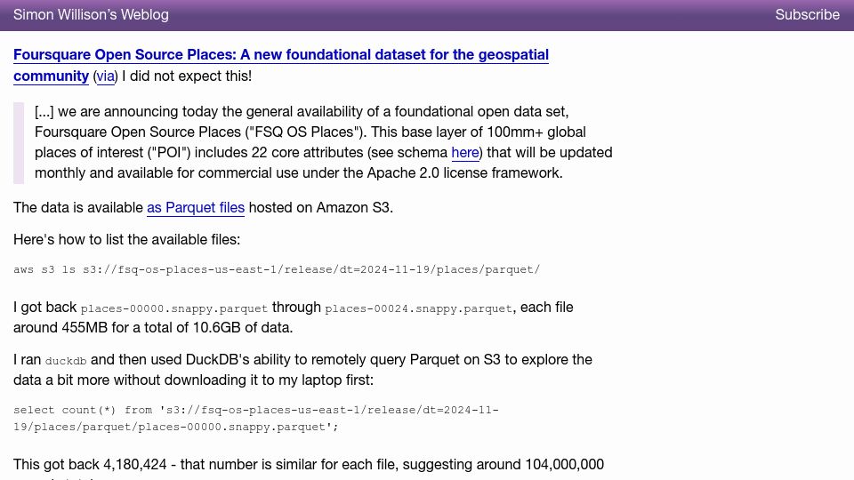 Screenshot of simonwillison.net: Foursquare Open Source Places: A new foundational dataset