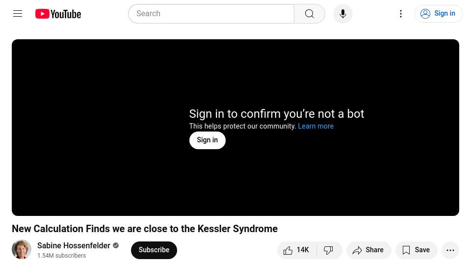 Screenshot of youtube.com: New Calculation Finds we are close to the Kessler Syndrome [video]