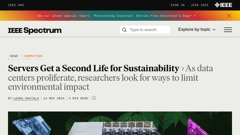 Screenshot of spectrum.ieee.org: Researchers have built server prototypes that re-use old components