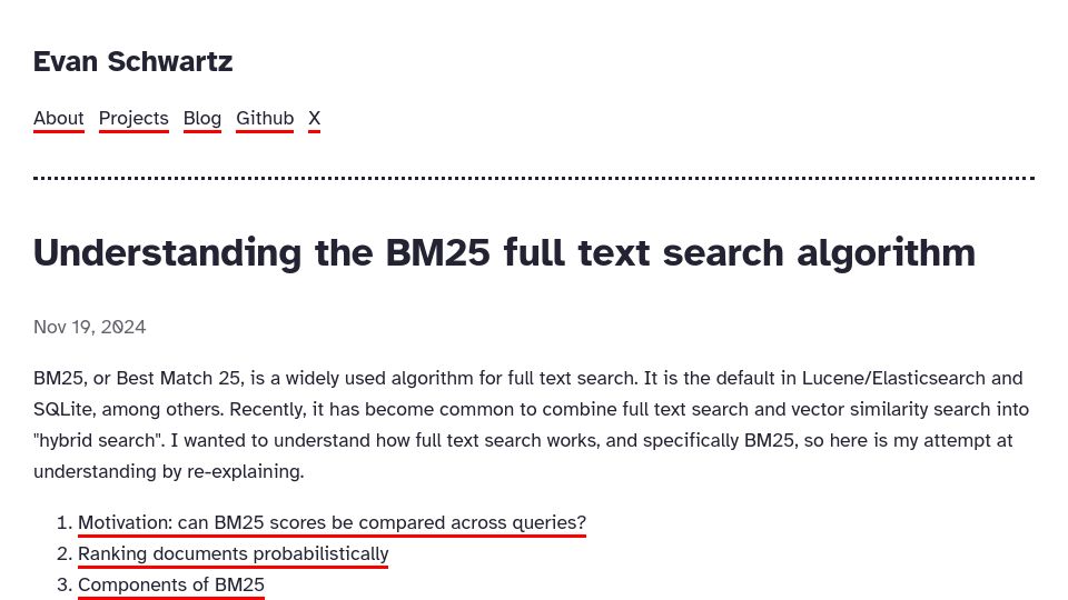 Screenshot of emschwartz.me: Understanding the BM25 full text search algorithm