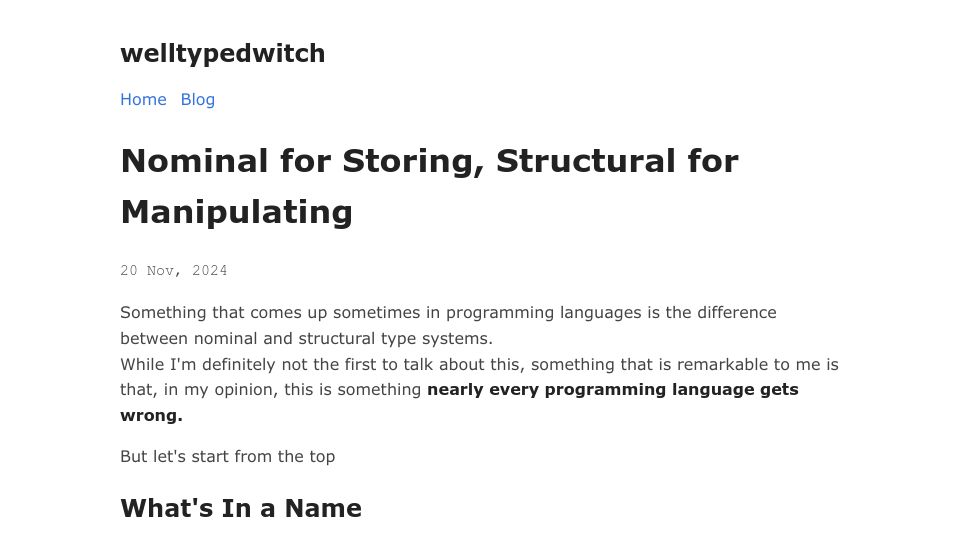 Screenshot of welltypedwitch.bearblog.dev: Nominal for Storing, Structural for Manipulating