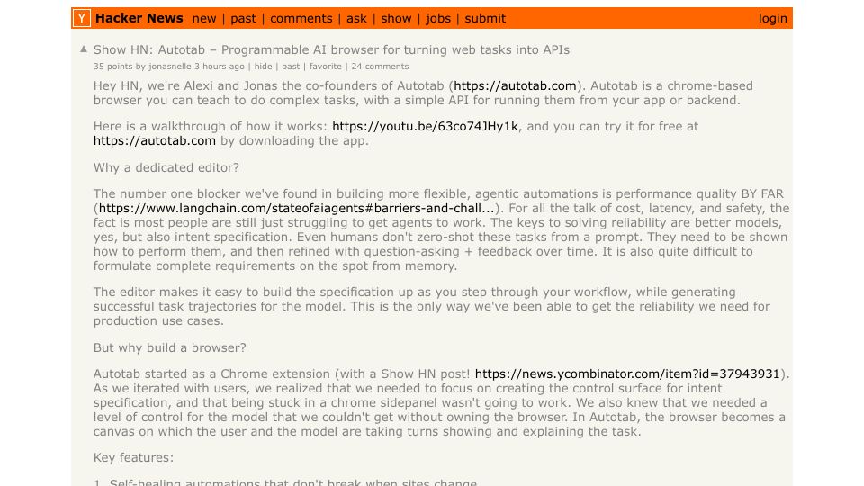 Screenshot of Hacker News post: Show HN: Autotab – Programmable AI browser for turning web tasks into APIs