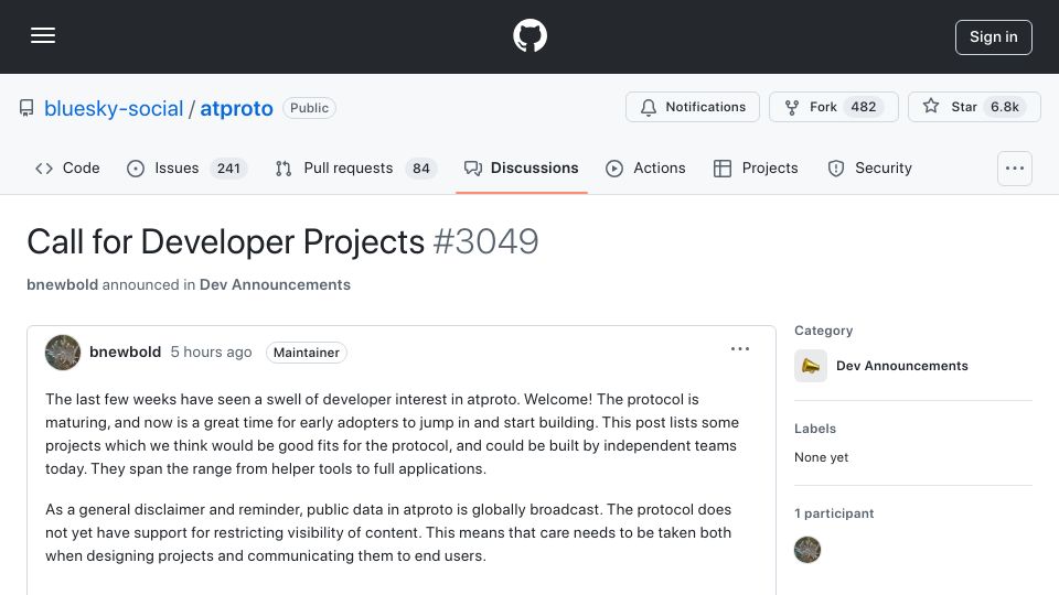 Screenshot of github.com: Call for Developer Projects