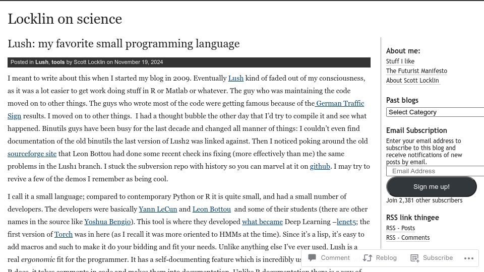 Screenshot of scottlocklin.wordpress.com: Lush: My favorite small programming language