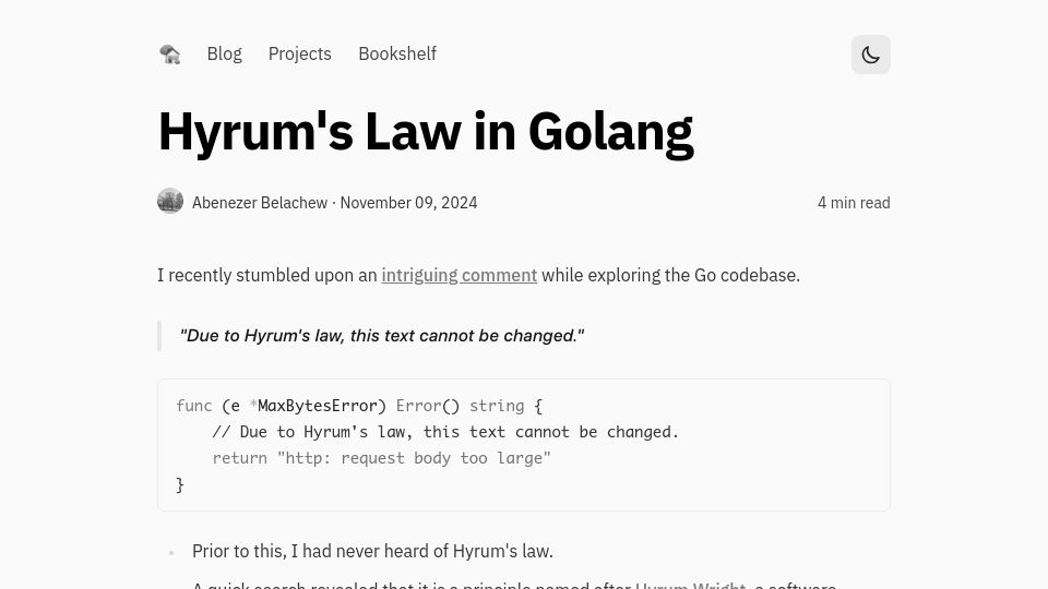 Screenshot of abenezer.org: Hyrum’s Law in Golang