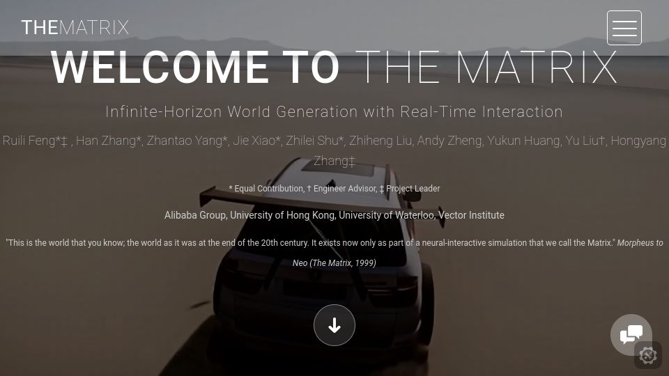 Screenshot of thematrix1999.github.io: The Matrix: Infinite-Horizon World Generation with Real-Time Interaction