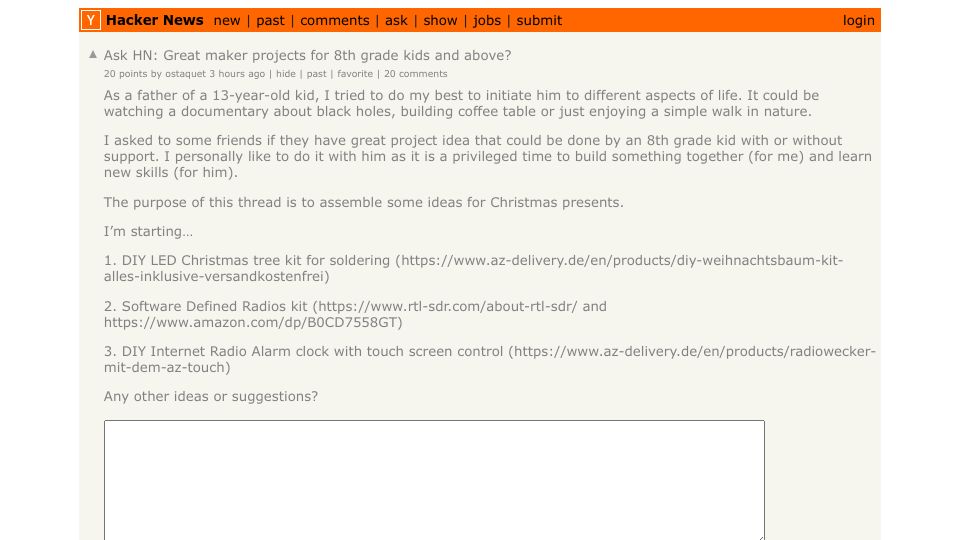 Screenshot of Hacker News post: Ask HN: Great maker projects for 8th grade kids and above?