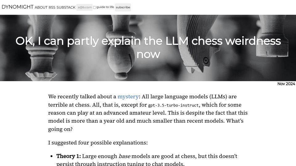 Screenshot of dynomight.net: OK, I can partly explain the LLM chess weirdness now