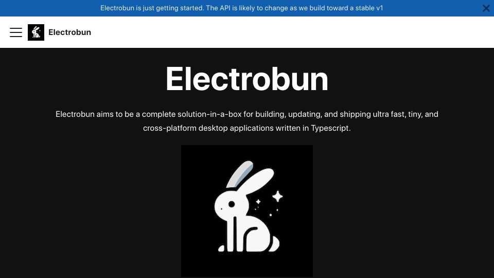 Screenshot of electrobun.dev: Electrobun: Cross-platform desktop applications written in TypeScript