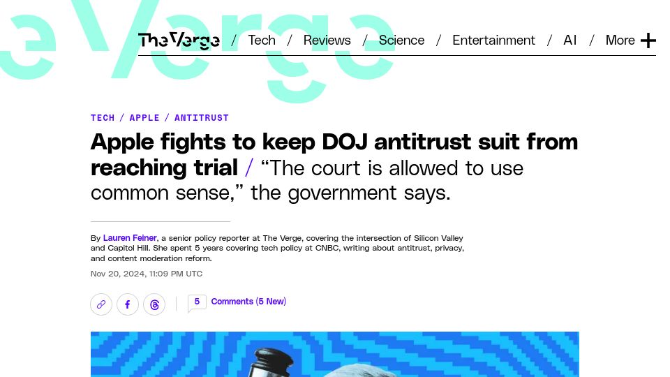 Screenshot of theverge.com: Apple fights to keep DOJ antitrust suit from reaching trial