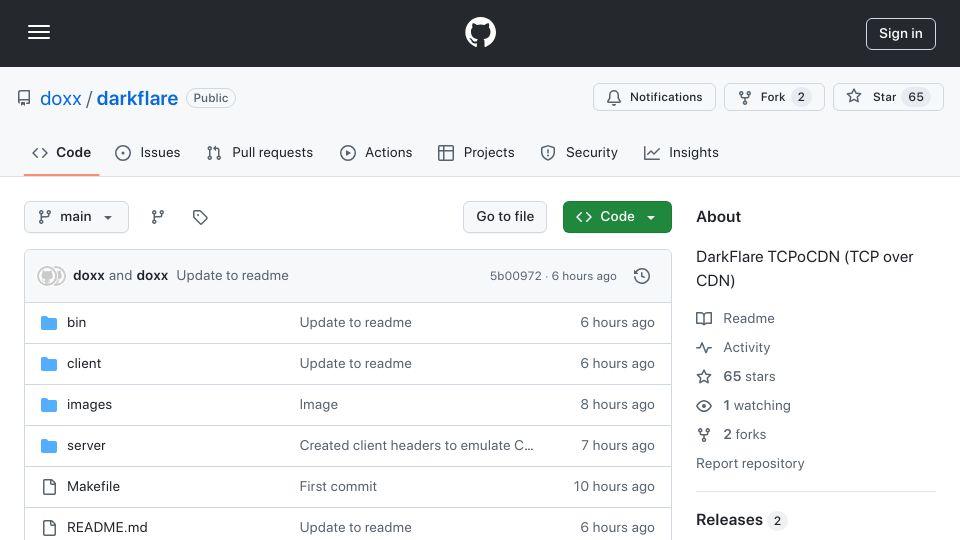 Screenshot of github.com: Doxx/Darkflare: DarkFlare TCPoCDN (TCP over CDN)