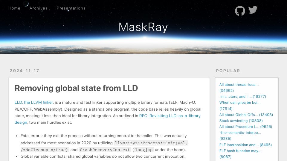 Screenshot of maskray.me: Removing global state from LLD, the LLVM linker