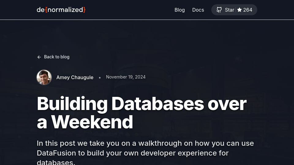 Screenshot of denormalized.io: Building Databases over a Weekend