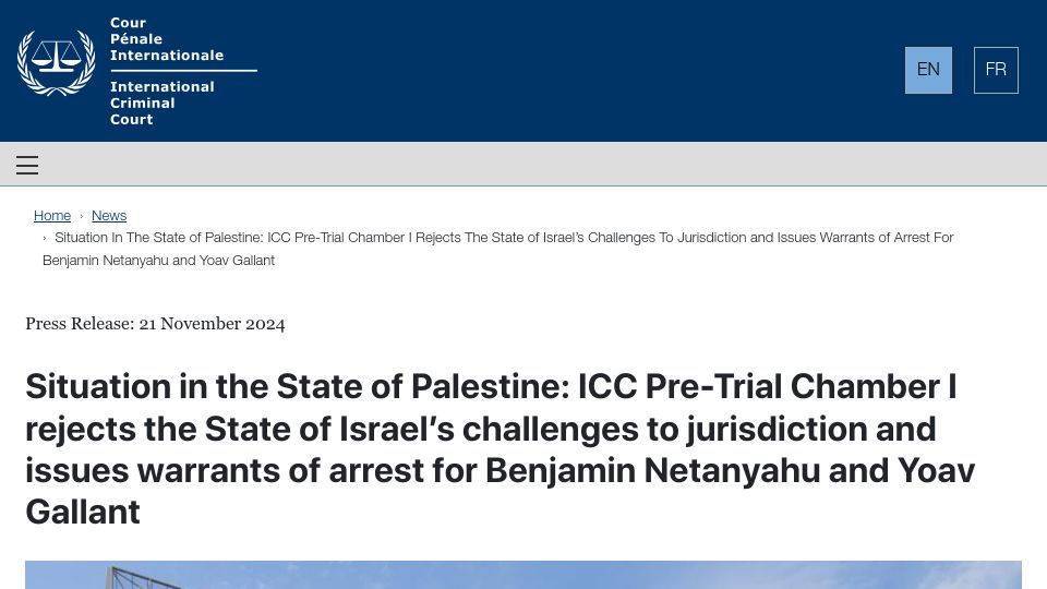 Screenshot of icc-cpi.int: ICC issues warrants for Netanyahu, Gallant, and Hamas officials