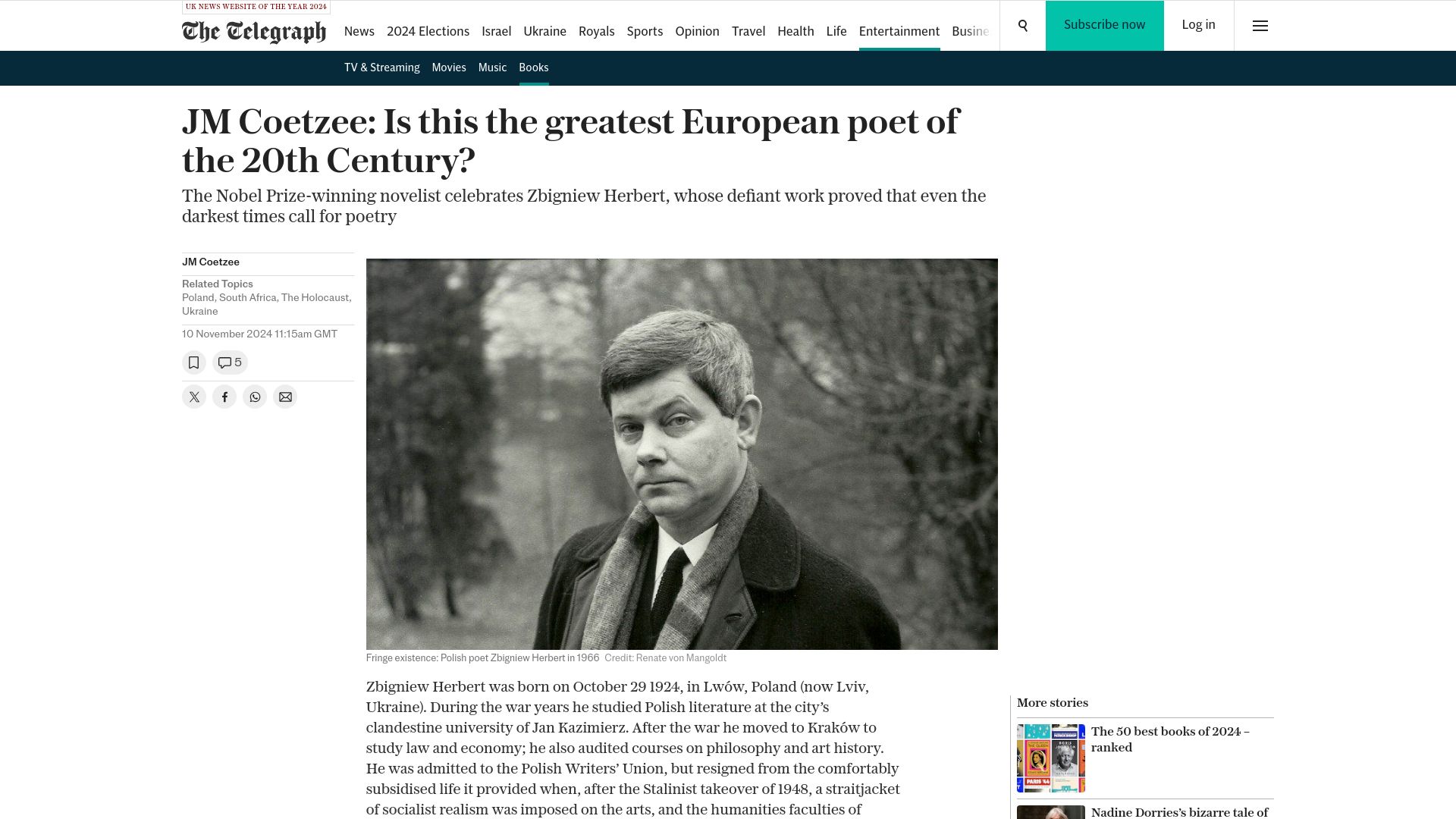Screenshot of telegraph.co.uk: JM Coetzee on Zbigniew Herbert