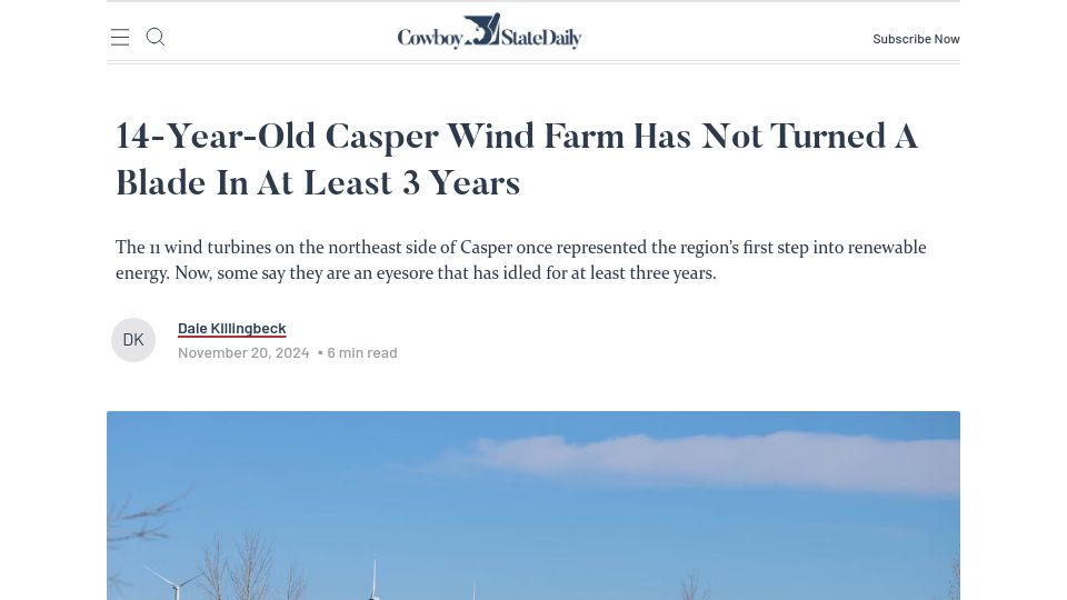 Screenshot of cowboystatedaily.com: 14-Year-Old Casper Wind Farm Has Not Turned a Blade in at Least 3 Years