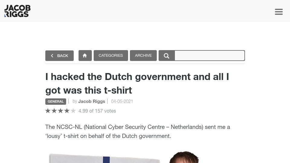 Screenshot of jacobriggs.io: I hacked the Dutch government and all I got was this t-shirt