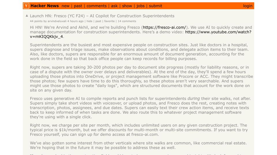 Screenshot of Hacker News post: Launch HN: Fresco (YC F24) – AI Copilot for Construction Superintendents