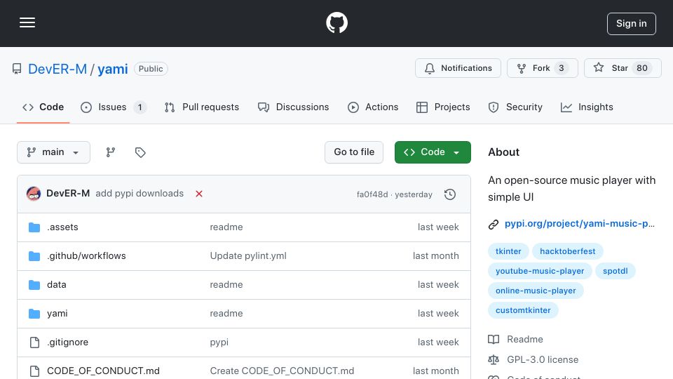 Screenshot of github.com: Show HN: Yami – An Open Source Music Player with Spotdl Integration