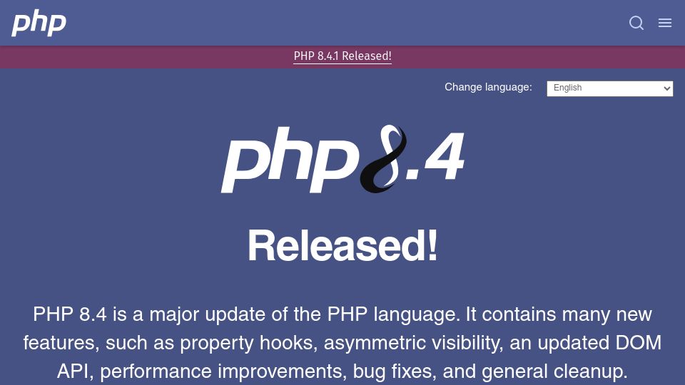 Screenshot of php.net: PHP 8.4