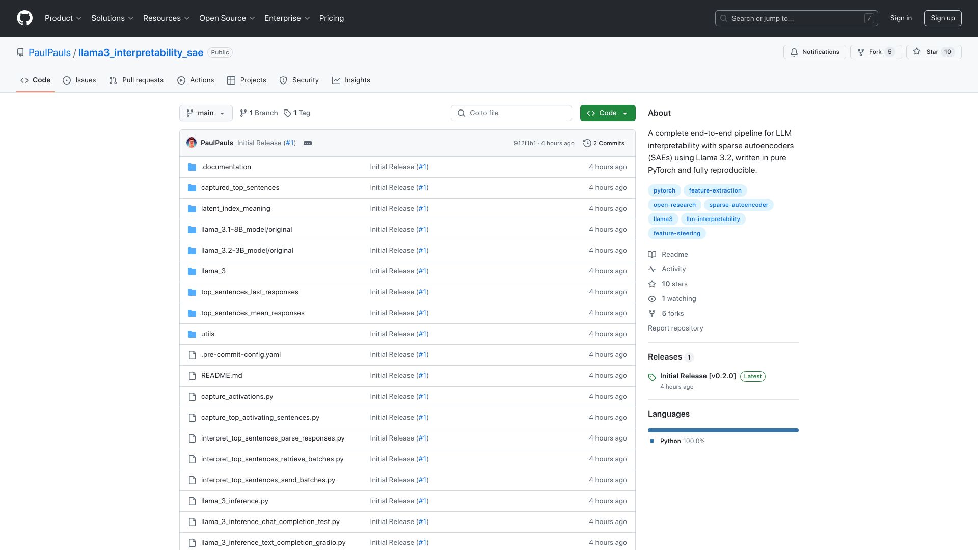 Screenshot of github.com: Show HN: Llama 3.2 Interpretability with Sparse Autoencoders