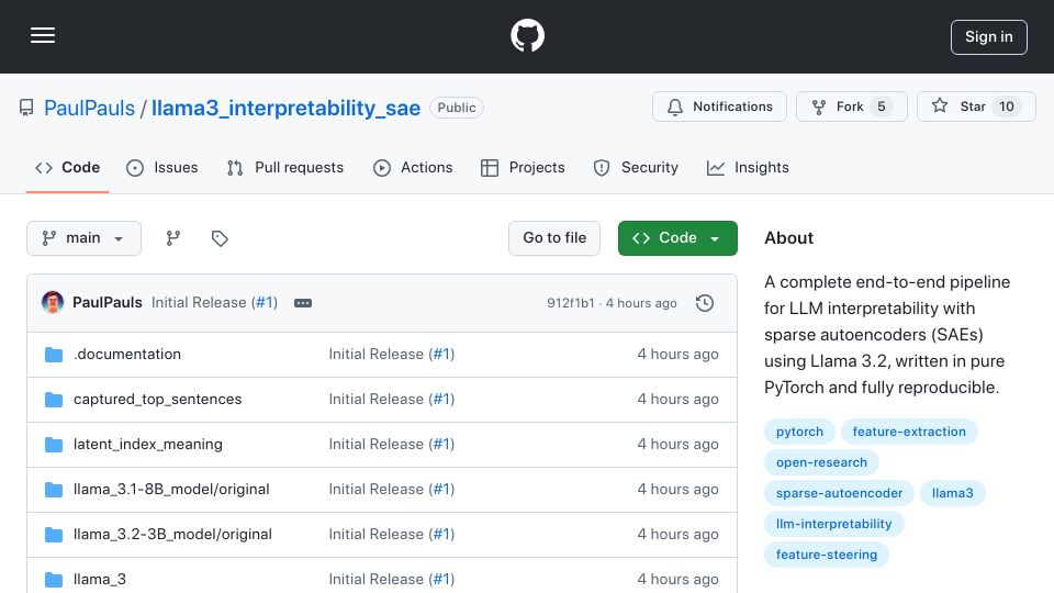 Screenshot of github.com: Show HN: Llama 3.2 Interpretability with Sparse Autoencoders