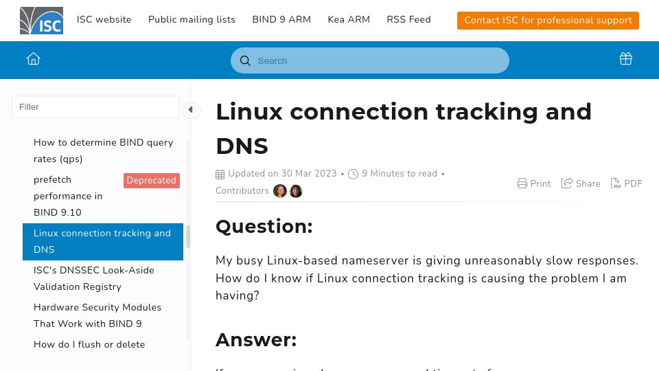 Screenshot of kb.isc.org: Linux connection tracking and (Slow) DNS