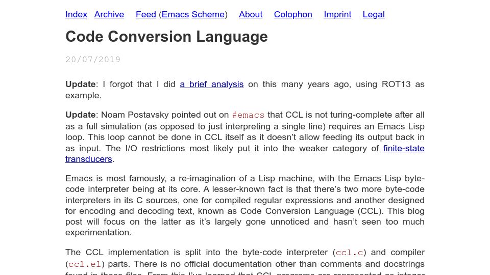 Screenshot of emacsninja.com: Code Conversion Language (2019)