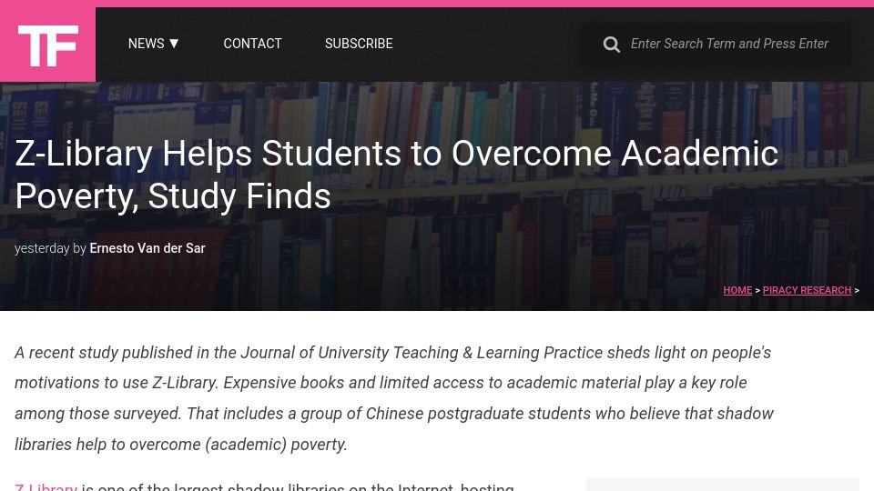 Screenshot of torrentfreak.com: Z-Library Helps Students to Overcome Academic Poverty, Study Finds