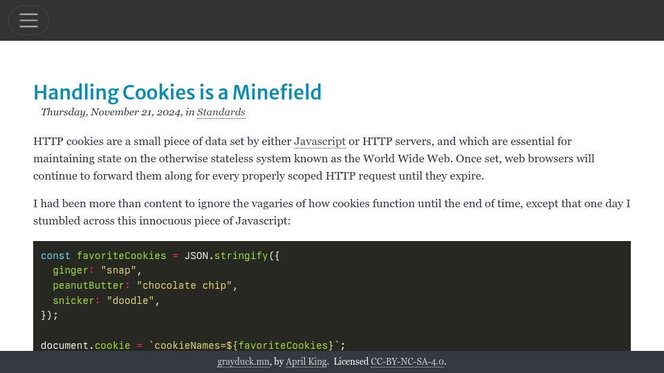 Screenshot of grayduck.mn: Handling cookies is a minefield